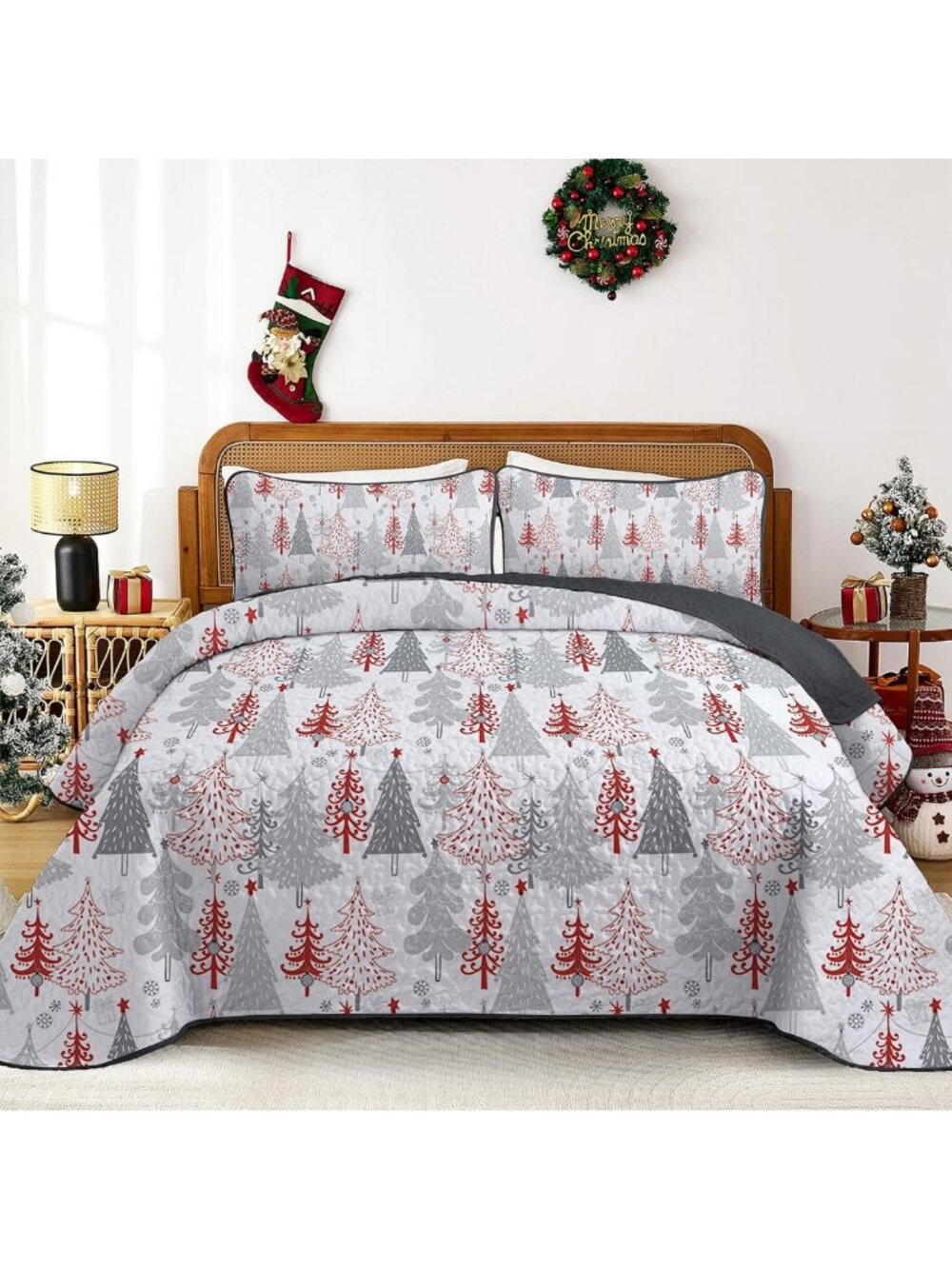 Cozy Christmas Quilt Set Queen - Red Grey Xmas Tree Design, Pine Bedspread